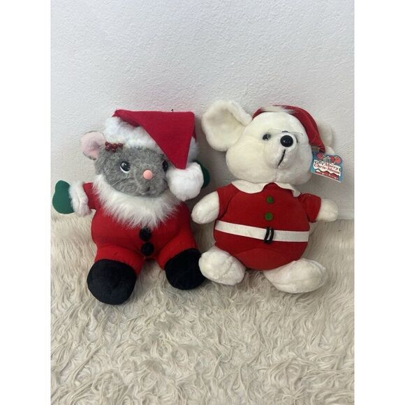 Dakin Fun Farm Vintage 1987 Holiday-Themed Merry Chris-Mouse Plush Toy Set Of 2 - Picture 1 of 12